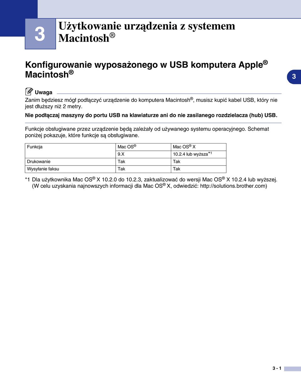 Funkcje obsługiwane przez urządzenie będą zależały od używanego systemu operacyjnego. Schemat poniżej pokazuje, które funkcje są obsługiwane. Funkcja Mac OS Mac OS X 9.X 10.2.