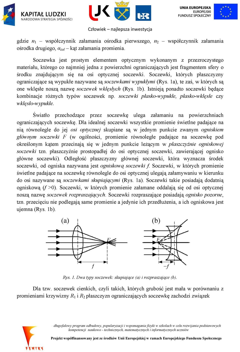 soczewki. Soczewki, których płaszczyzny ograniczające są wypukłe nazywane są soczewkami wypukłymi (Rys. a), te zaś, w których są one wklęsłe noszą nazwę soczewek wklęsłych (Rys. b).