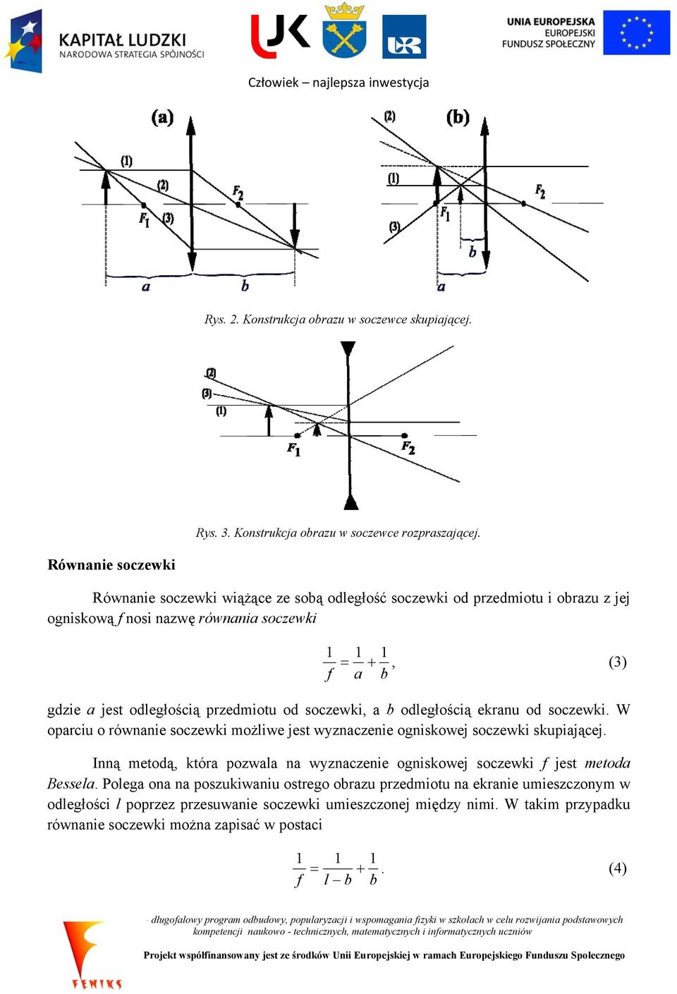 soczewki, a b odległością ekranu od soczewki. W oparciu o równanie soczewki możliwe jest wyznaczenie ogniskowej soczewki skupiającej.