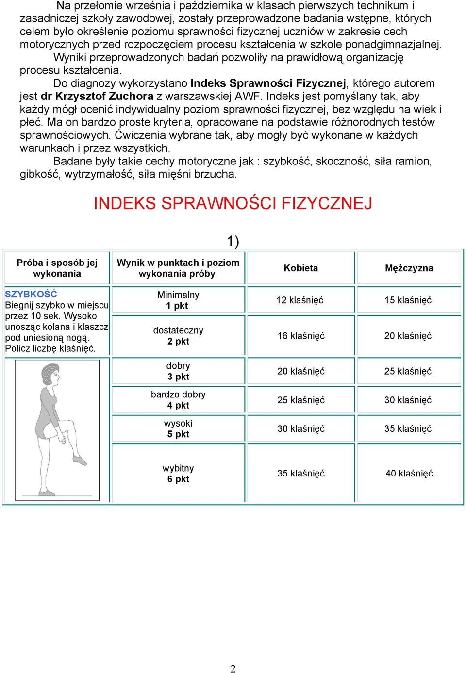 Do diagnozy wykorzystano Indeks Sprawności Fizycznej, którego autorem jest dr Krzysztof Zuchora z warszawskiej AWF.