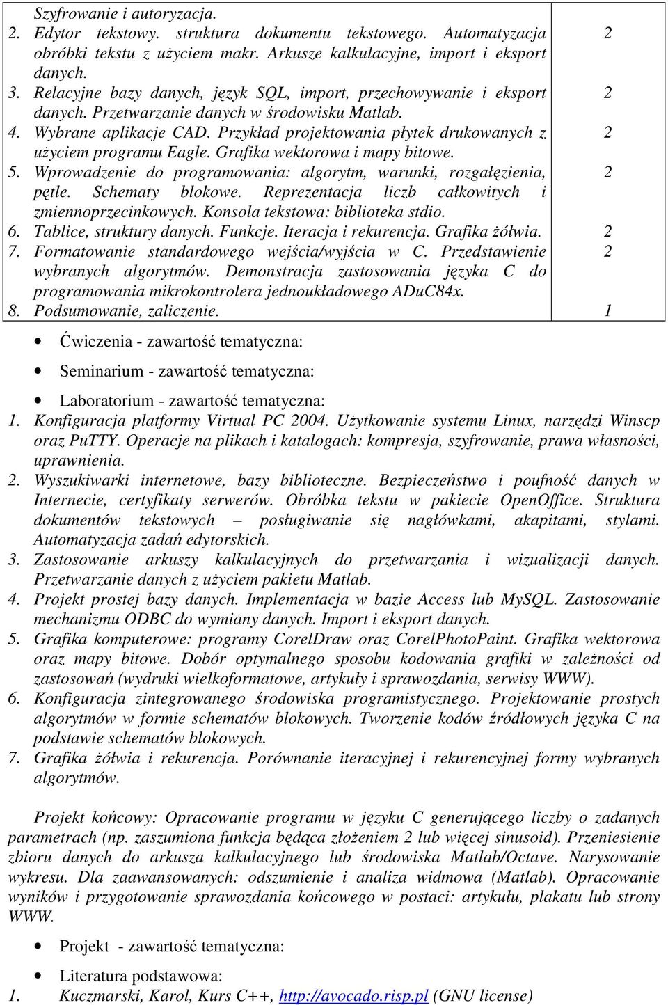 Przykład projektowania płytek drukowanych z uŝyciem programu Eagle. Grafika wektorowa i mapy bitowe. 5. Wprowadzenie do programowania: algorytm, warunki, rozgałęzienia, pętle. Schematy blokowe.