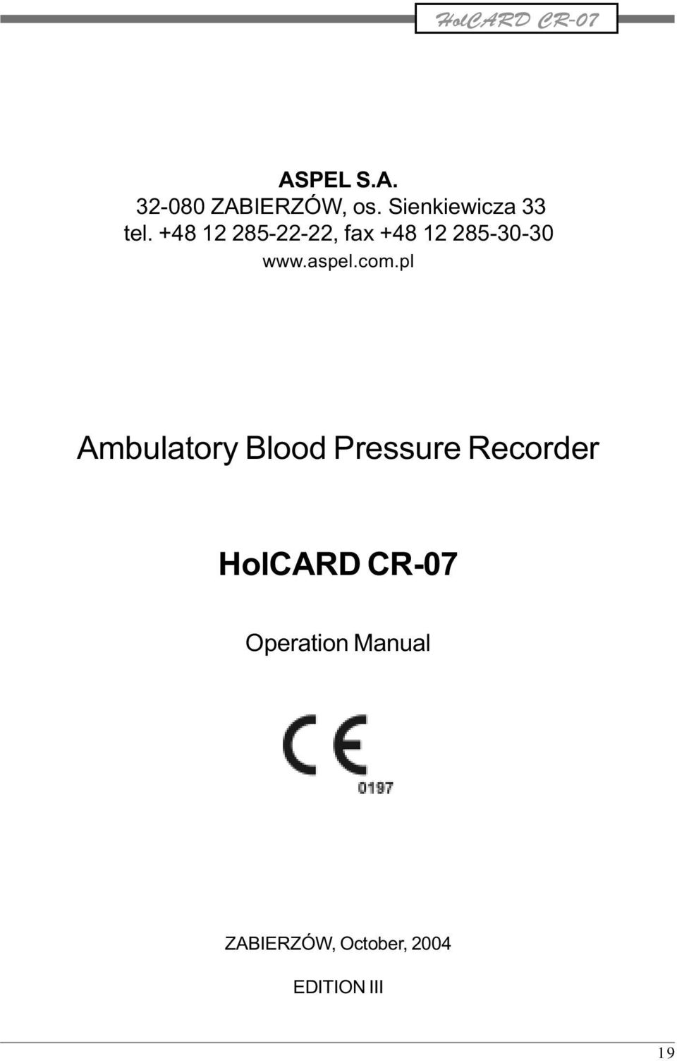 pl Ambulatory Blood Pressure Recorder HolCARD CR-07