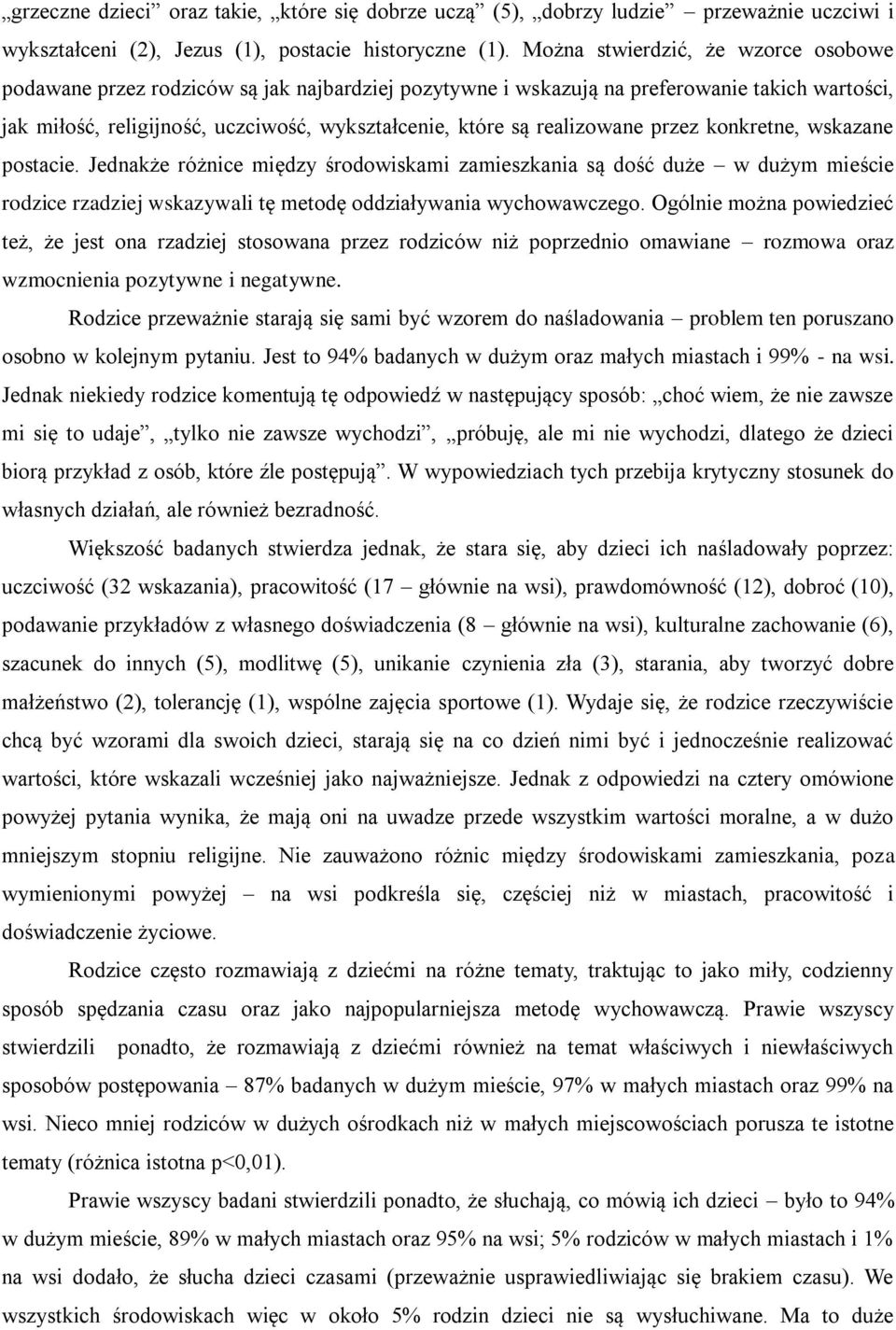 realizowane przez konkretne, wskazane postacie. Jednakże różnice między środowiskami zamieszkania są dość duże w dużym mieście rodzice rzadziej wskazywali tę metodę oddziaływania wychowawczego.