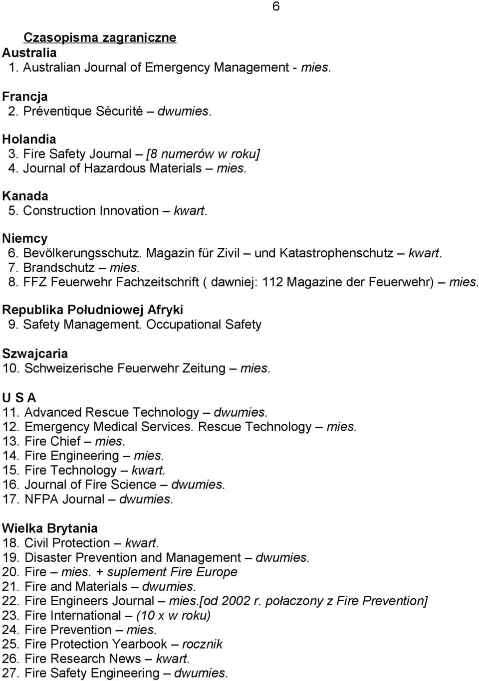 FFZ Feuerwehr Fachzeitschrift ( dawniej: 112 Magazine der Feuerwehr) mies. Republika Południowej Afryki 9. Safety Management. Occupational Safety Szwajcaria 10. Schweizerische Feuerwehr Zeitung mies.