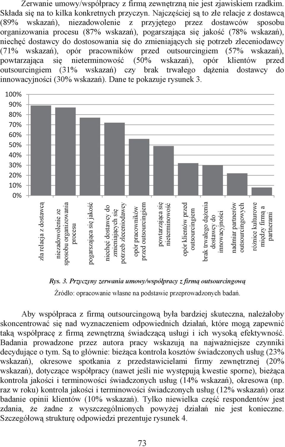 dostawcy do dostosowania się do zmieniających się potrzeb zleceniodawcy (71% wskazań), opór pracowników przed outsourcingiem (57% wskazań), powtarzająca się nieterminowość (50% wskazań), opór