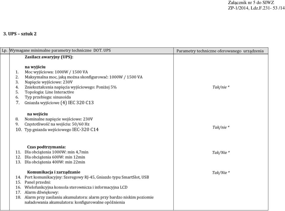 Gniazda wyjściowe (4) IEC 320 C13 na wejściu 8. Nominalne napięcie wejściowe: 230V 9. Częstotliwość na wejściu: 50/60 Hz 10.