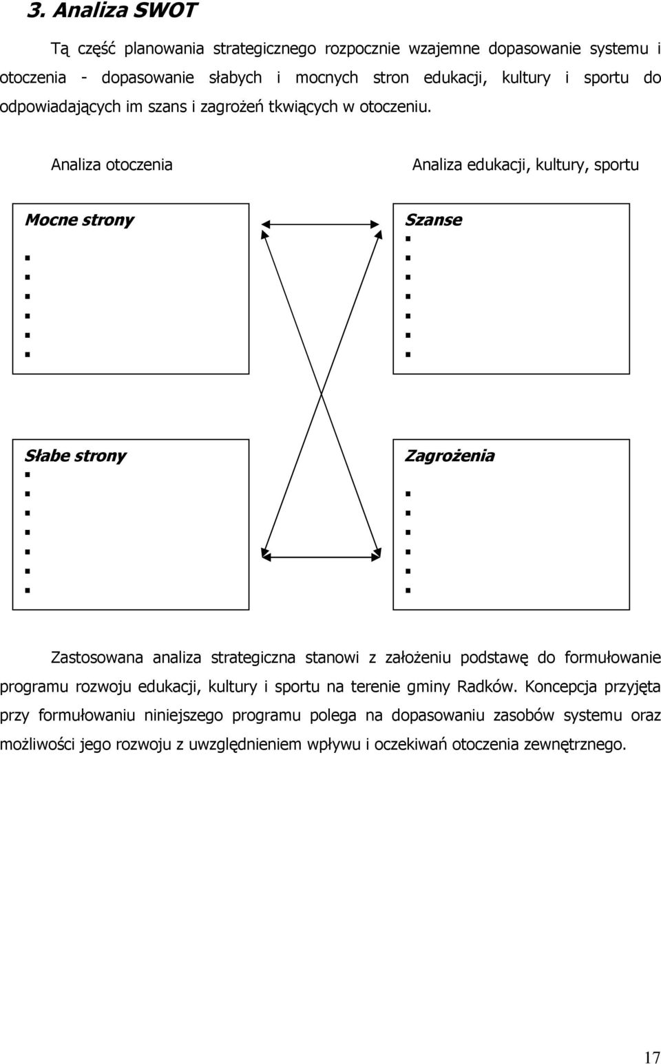 Analiza otoczenia Analiza edukacji, kultury, sportu Mocne strony Szanse Sùabe strony Zagro enia Zastosowana analiza strategiczna stanowi z zaùo eniu podstawê do