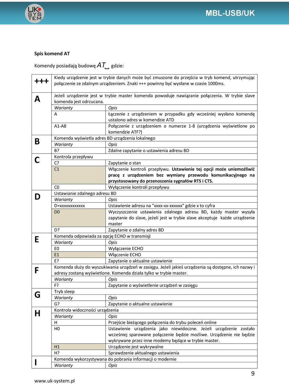 A Łączenie z urządzeniem w przypadku gdy wcześniej wysłano komendę ustalono adres w komendzie ATD A1-A8 Połączenie z urządzeniem o numerze 1-8 (urządzenia wyświetlone po komendzie ATF?