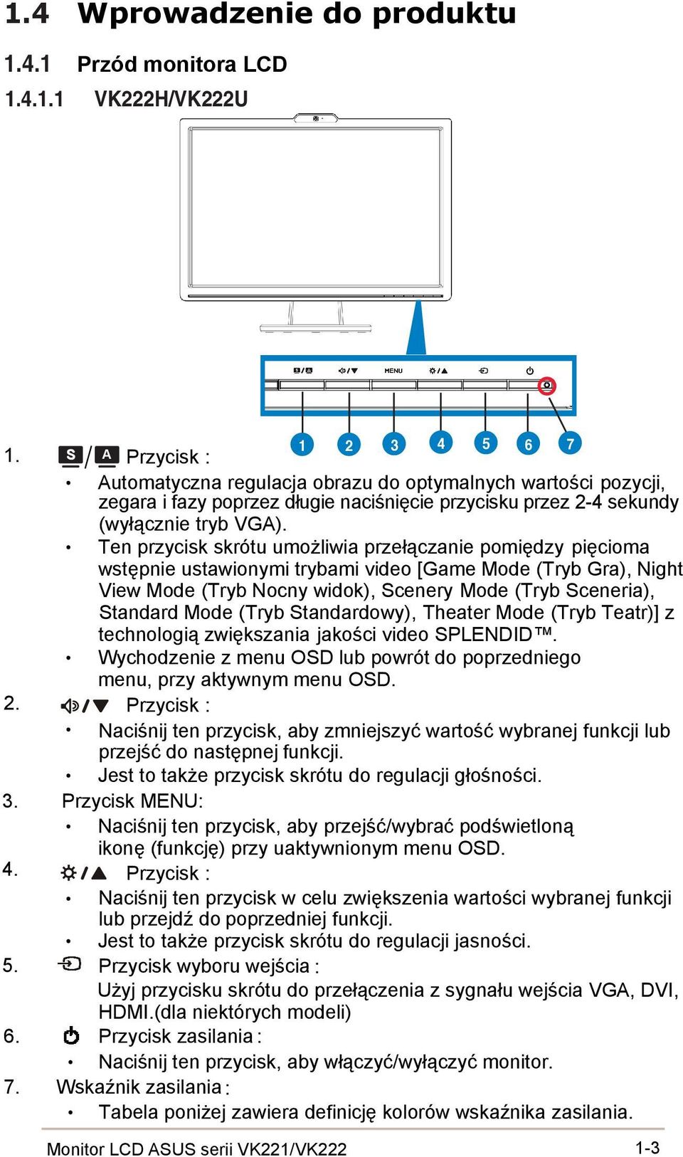 Ten przycisk skrótu umożliwia przełączanie pomiędzy pięcioma wstępnie ustawionymi trybami video [Game Mode (Tryb Gra), Night View Mode (Tryb Nocny widok), Scenery Mode (Tryb Sceneria), Standard Mode