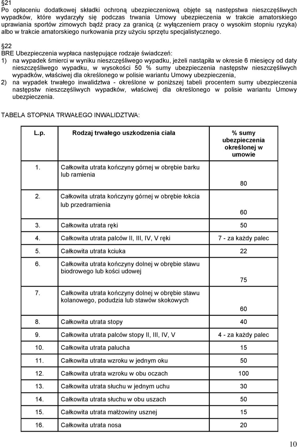 22 BRE Ubezpieczenia wypłaca następujące rodzaje świadczeń: 1) na wypadek śmierci w wyniku nieszczęśliwego wypadku, jeżeli nastąpiła w okresie 6 miesięcy od daty nieszczęśliwego wypadku, w wysokości