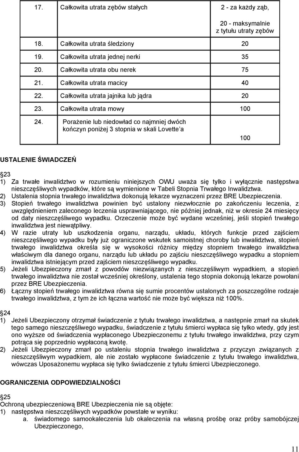 Porażenie lub niedowład co najmniej dwóch kończyn poniżej 3 stopnia w skali Lovette a 100 USTALENIE ŚWIADCZEŃ 23 1) Za trwałe inwalidztwo w rozumieniu niniejszych OWU uważa się tylko i wyłącznie