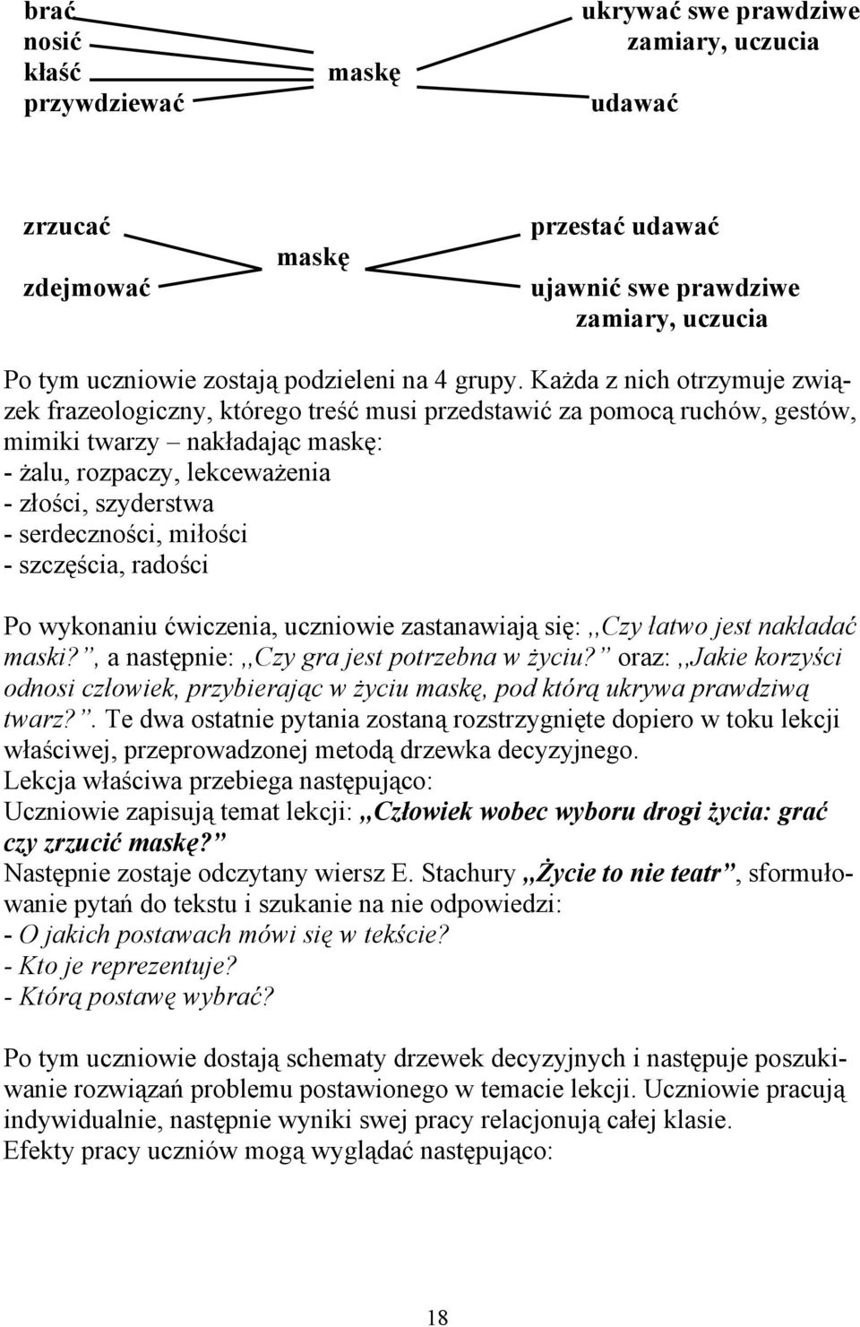 Każda z nich otrzymuje związek frazeologiczny, którego treść musi przedstawić za pomocą ruchów, gestów, mimiki twarzy nakładając maskę: - żalu, rozpaczy, lekceważenia - złości, szyderstwa -