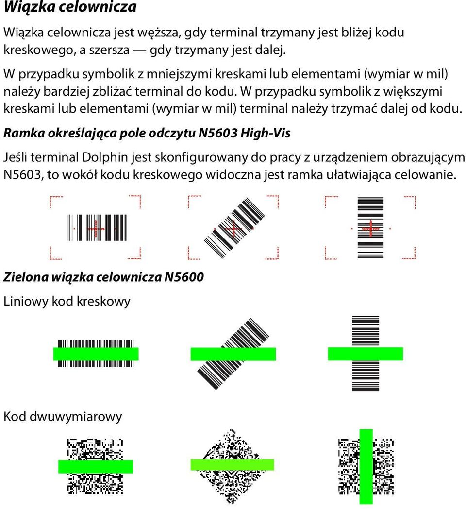 W przypadku symbolik z większymi kreskami lub elementami (wymiar w mil) terminal należy trzymać dalej od kodu.