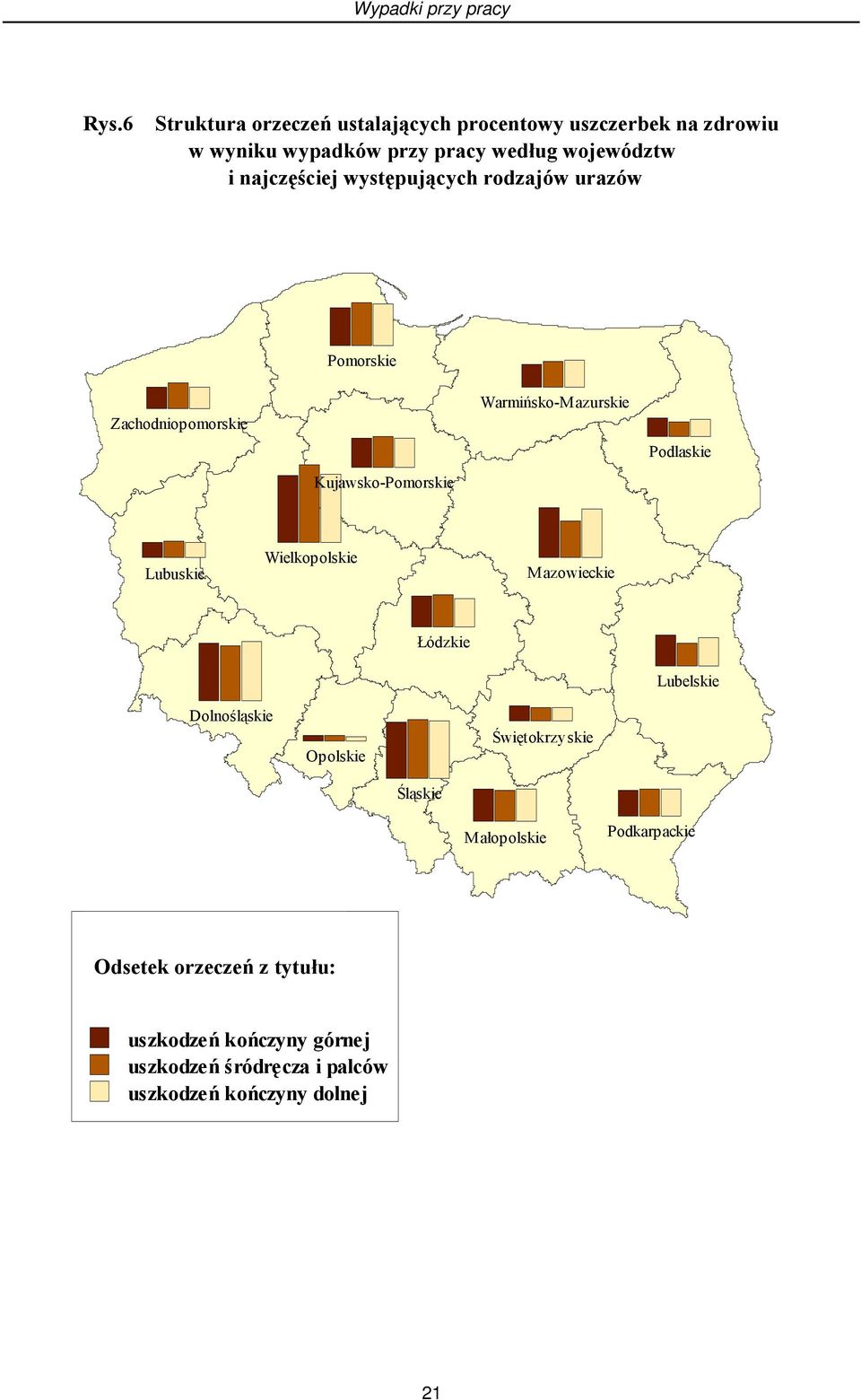 najczęściej występujących rodzajów urazów Pomorskie Zachodniopomorskie Warmińsko-Mazurskie Podlaskie Kujawsko-Pomorskie