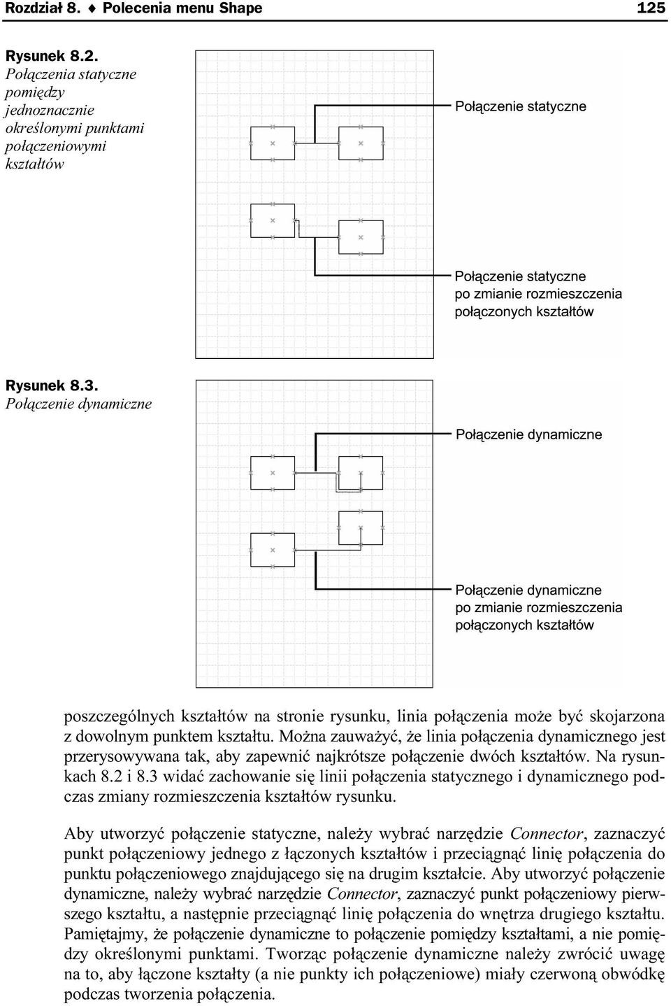 Można zauważyć, że linia połączenia dynamicznego jest przerysowywana tak, aby zapewnić najkrótsze połączenie dwóch kształtów. Na rysunkach 8.2 i 8.