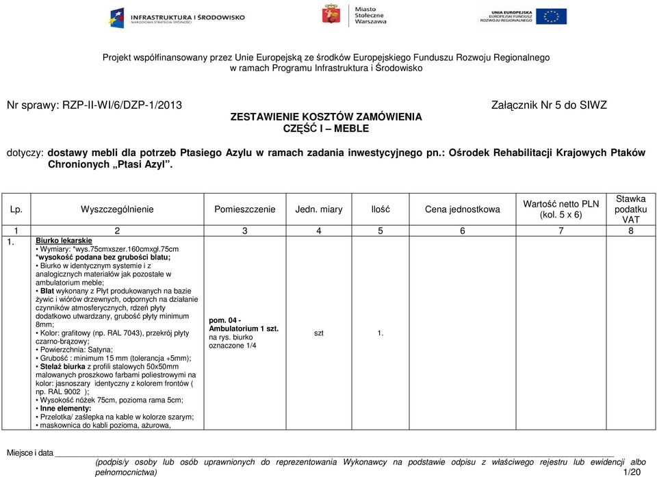 Wyszczególnienie Pomieszczenie Jedn. miary Ilo Cena jednostkowa Warto netto PLN (kol. 5 x 6) 1 2 3 4 5 6 7 8 1. Biurko lekarskie Wymiary: *wys.75cmxszer.160cmxgł.