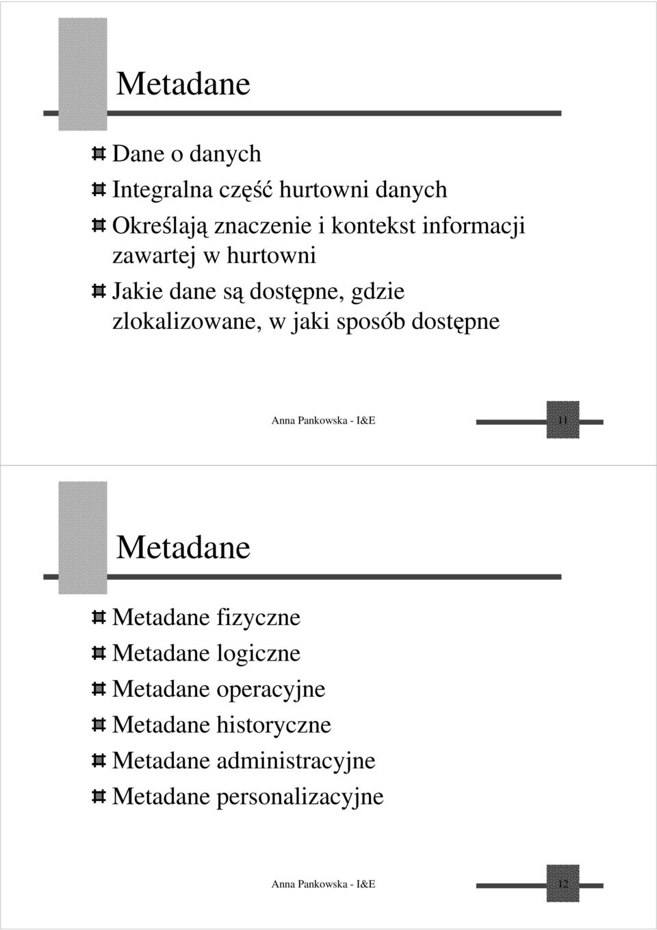 dostępne Anna Pankowska - I&E 11 Metadane Metadane fizyczne Metadane logiczne Metadane
