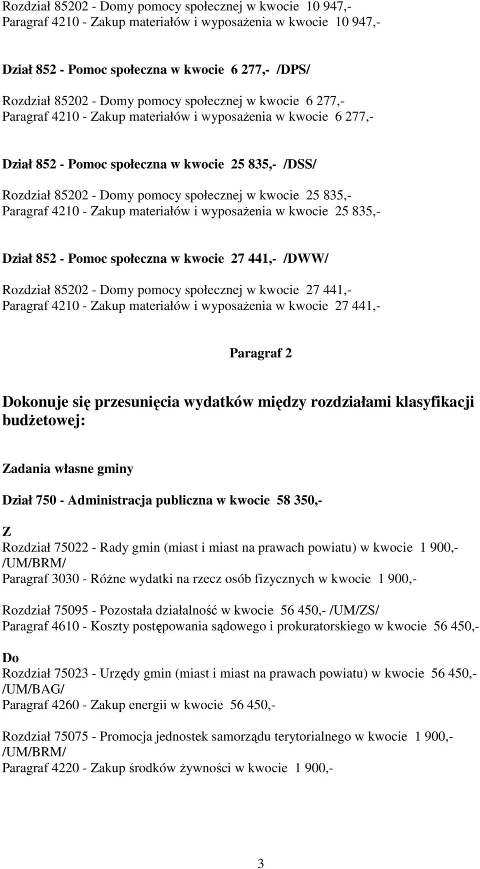 Paragraf 4210 - akup materiałów i wyposażenia w kwocie 25 835,- Dział 852 - Pomoc społeczna w kwocie 27 441,- /DWW/ Rozdział 85202 - my pomocy społecznej w kwocie 27 441,- Paragraf 4210 - akup