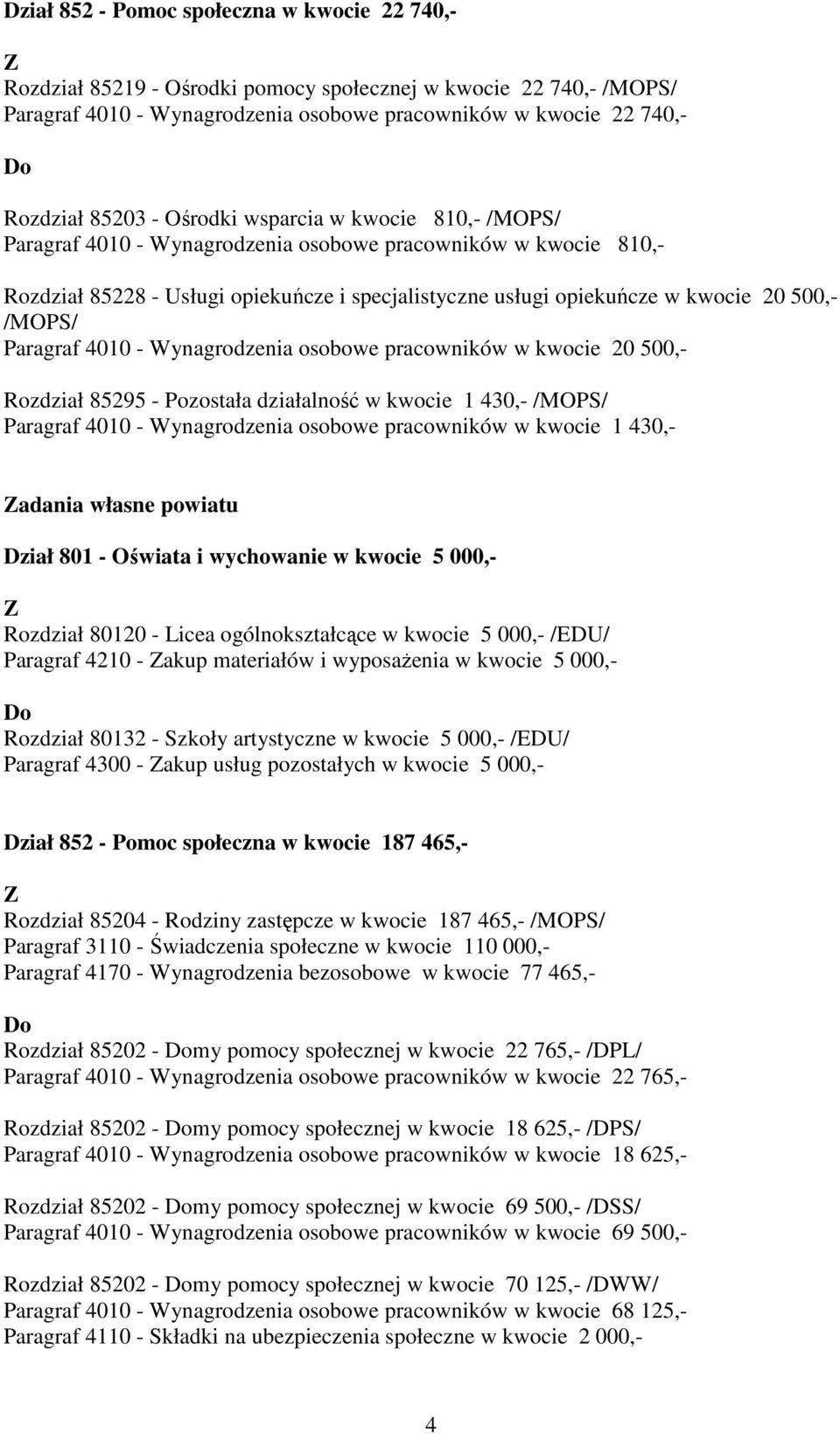 Paragraf 4010 - Wynagrodzenia osobowe pracowników w kwocie 20 500,- Rozdział 85295 - Pozostała działalność w kwocie 1 430,- /MOPS/ Paragraf 4010 - Wynagrodzenia osobowe pracowników w kwocie 1 430,-