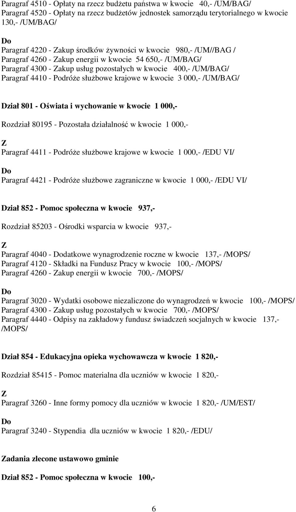 kwocie 3 000,- /UM/BAG/ Dział 801 - Oświata i wychowanie w kwocie 1 000,- Rozdział 80195 - Pozostała działalność w kwocie 1 000,- Paragraf 4411 - Podróże służbowe krajowe w kwocie 1 000,- /EDU VI/