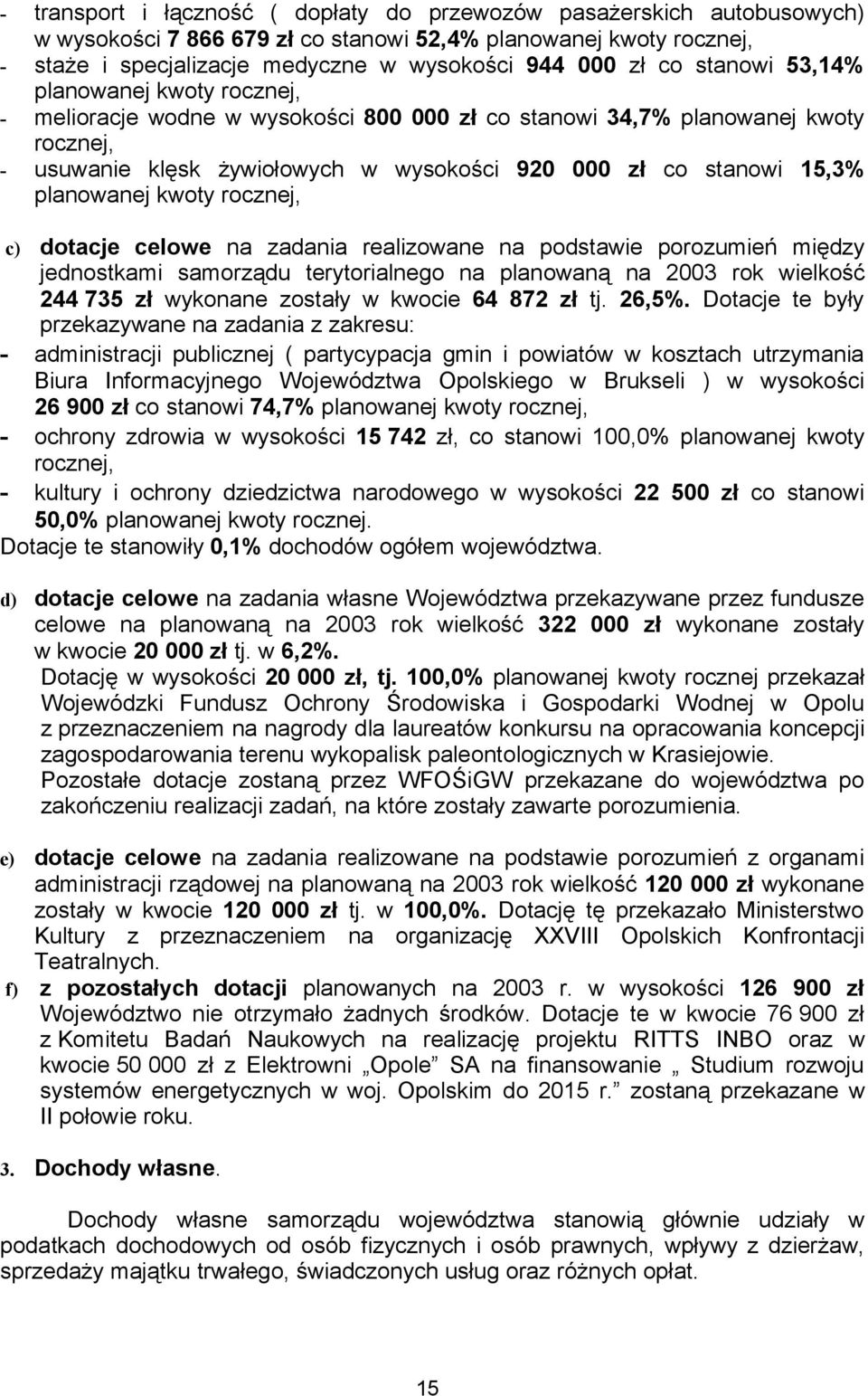 planowanej kwoty rocznej, c) dotacje celowe na zadania realizowane na podstawie porozumień między jednostkami samorządu terytorialnego na planowaną na 2003 rok wielkość 244 735 zł wykonane zostały w