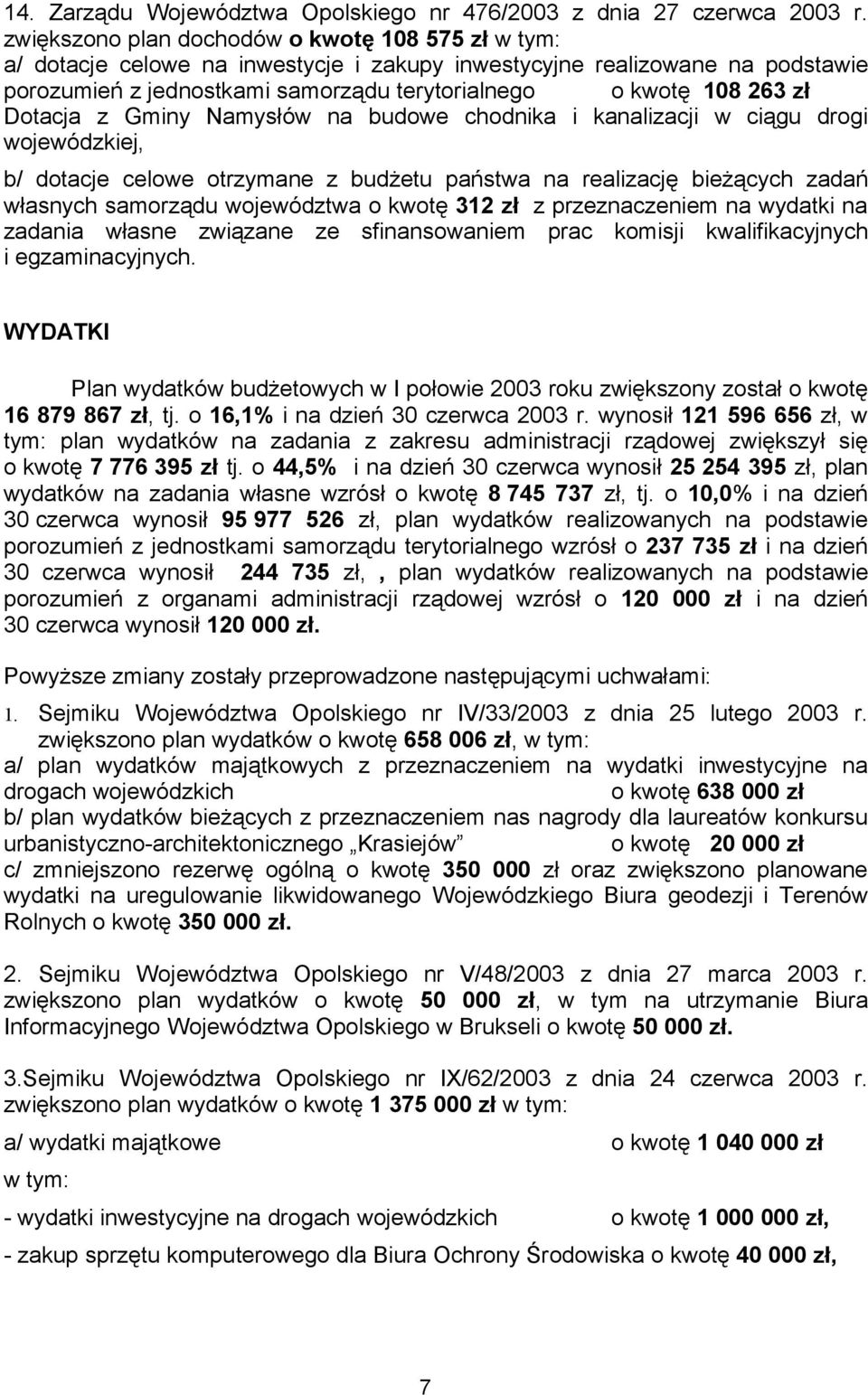 Dotacja z Gminy Namysłów na budowe chodnika i kanalizacji w ciągu drogi wojewódzkiej, b/ dotacje celowe otrzymane z budżetu państwa na realizację bieżących zadań własnych samorządu województwa o