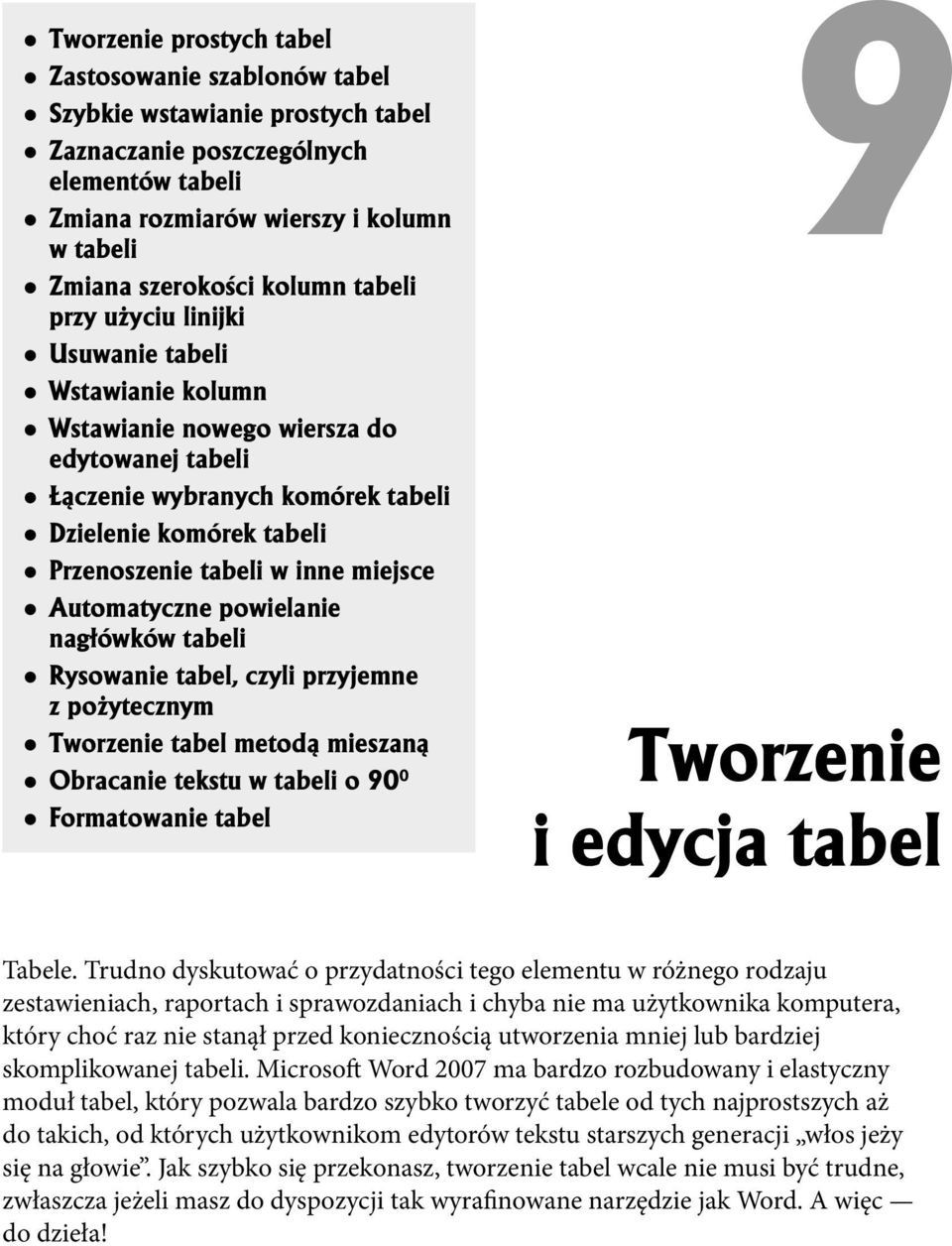 miejsce Automatyczne powielanie nag³ówków tabeli Rysowanie tabel, czyli przyjemne z po ytecznym Tworzenie tabel metod¹ mieszan¹ Obracanie tekstu w tabeli o 90 0 Formatowanie tabel 9 Tworzenie i