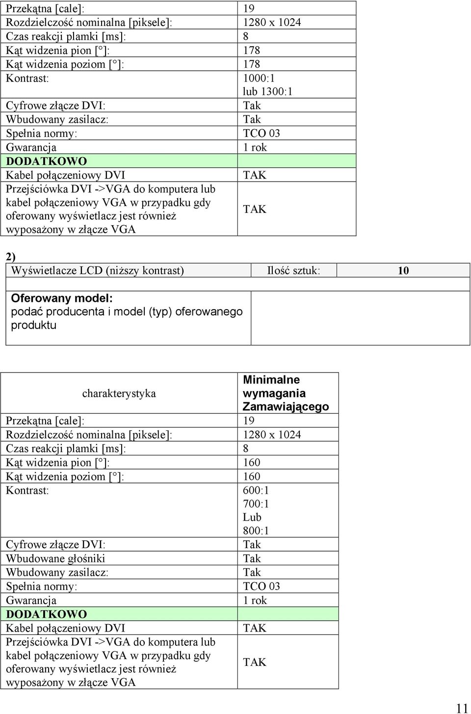 jest również wyposażony w złącze VGA 2) Wyświetlacze LCD (niższy kontrast) Ilość sztuk: 10 Oferowany model: podać producenta i model (typ) oferowanego produktu Minimalne wymagania Zamawiającego