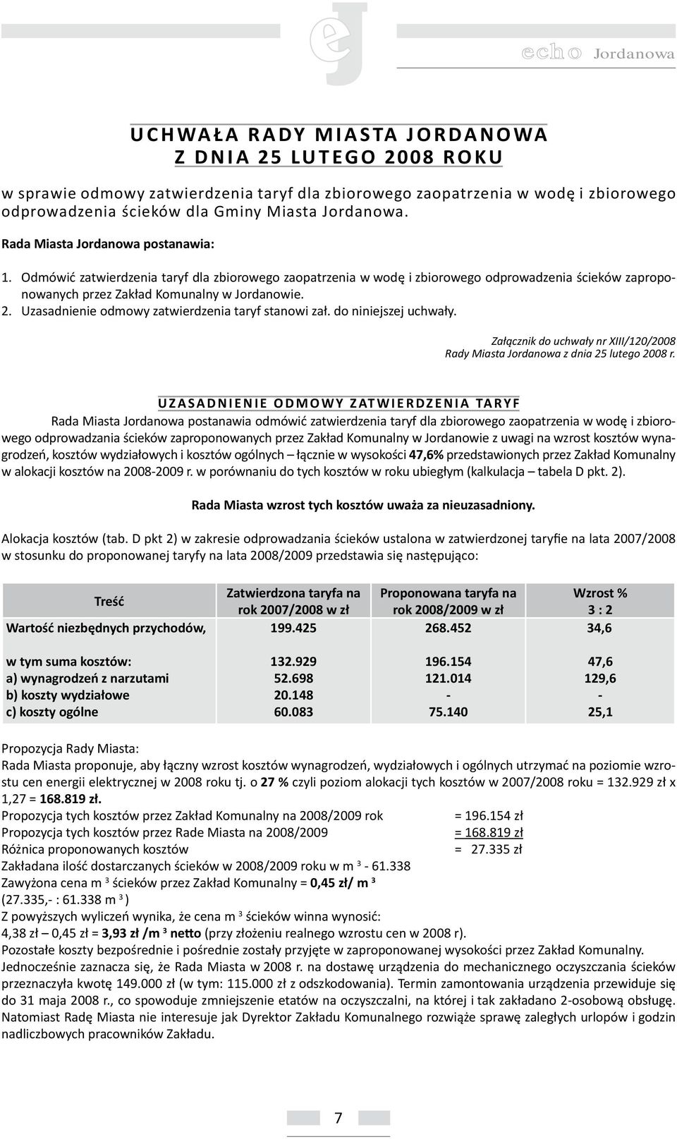 Uzasadnienie odmowy zatwierdzenia taryf stanowi zał. do niniejszej uchwały. Załącznik do uchwały nr XIII/120/2008 Rady Miasta Jordanowa z dnia 25 lutego 2008 r.