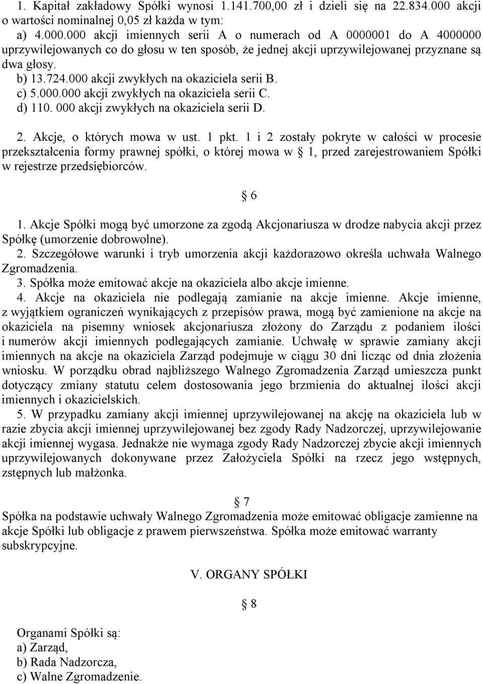 000 akcji imiennych serii A o numerach od A 0000001 do A 4000000 uprzywilejowanych co do głosu w ten sposób, że jednej akcji uprzywilejowanej przyznane są dwa głosy. b) 13.724.