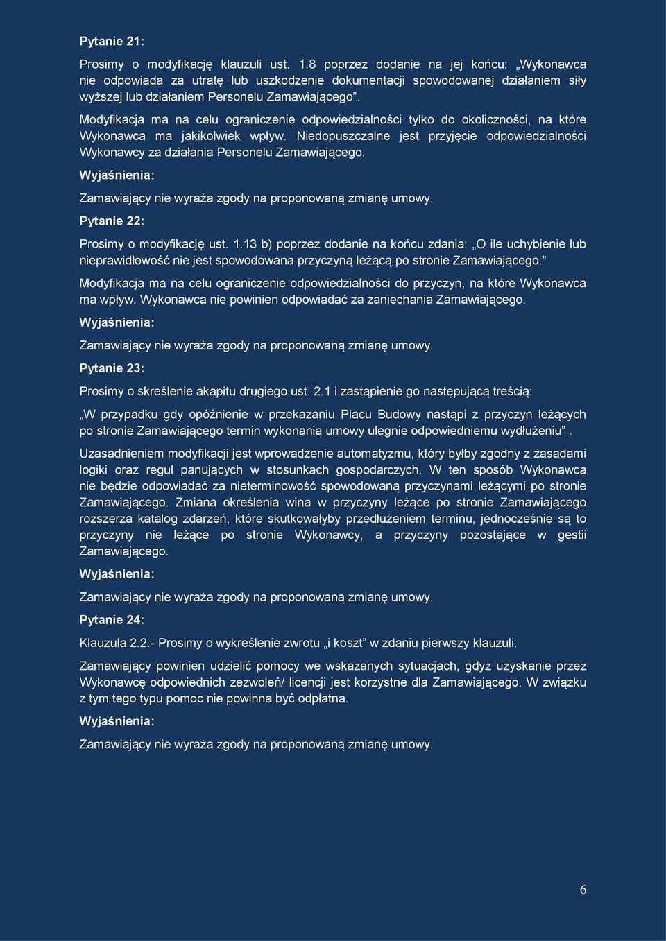 Modyfikacja ma na celu ograniczenie odpowiedzialności tylko do okoliczności, na które Wykonawca ma jakikolwiek wpływ.