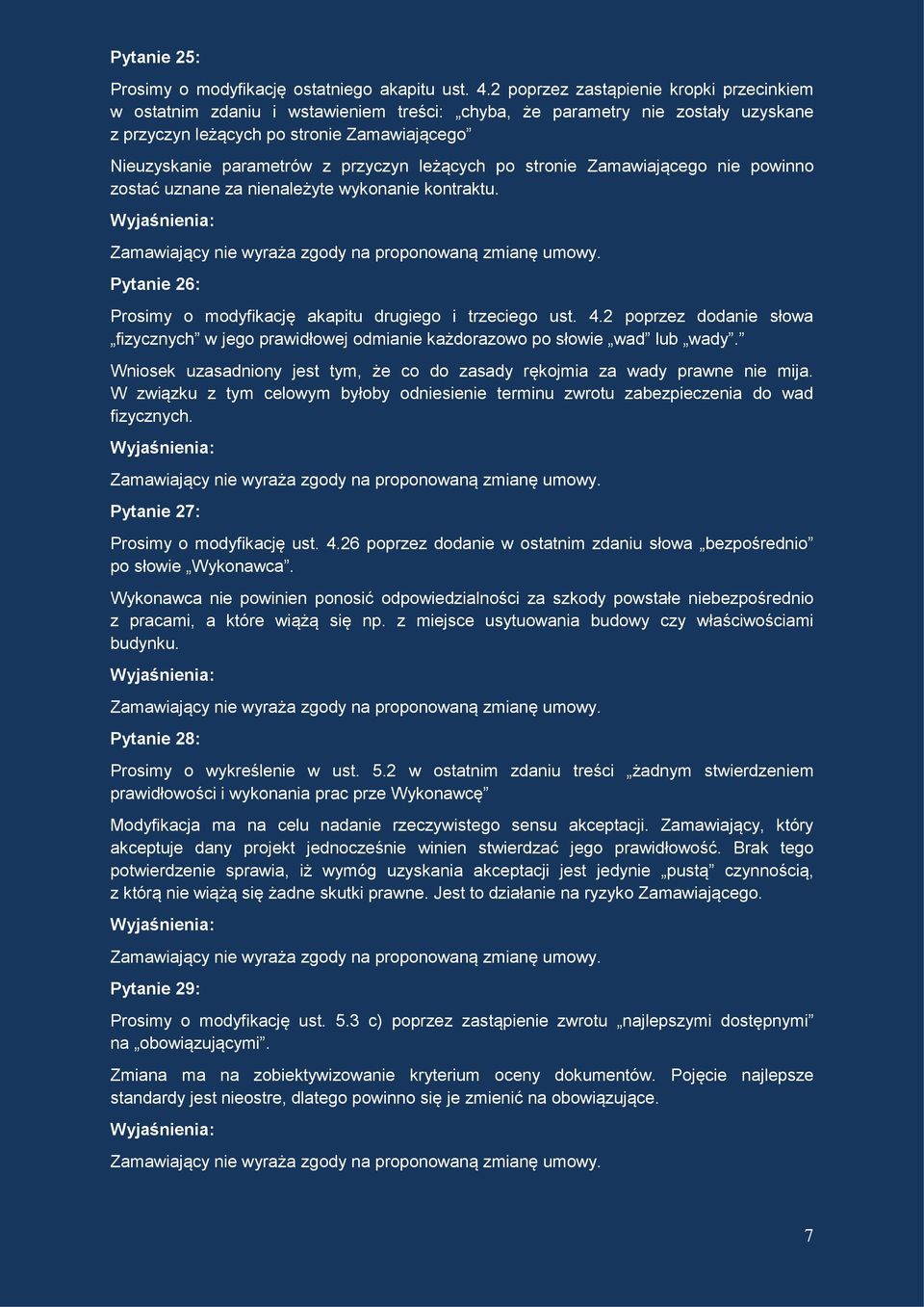 przyczyn leżących po stronie Zamawiającego nie powinno zostać uznane za nienależyte wykonanie kontraktu. Pytanie 26: Prosimy o modyfikację akapitu drugiego i trzeciego ust. 4.