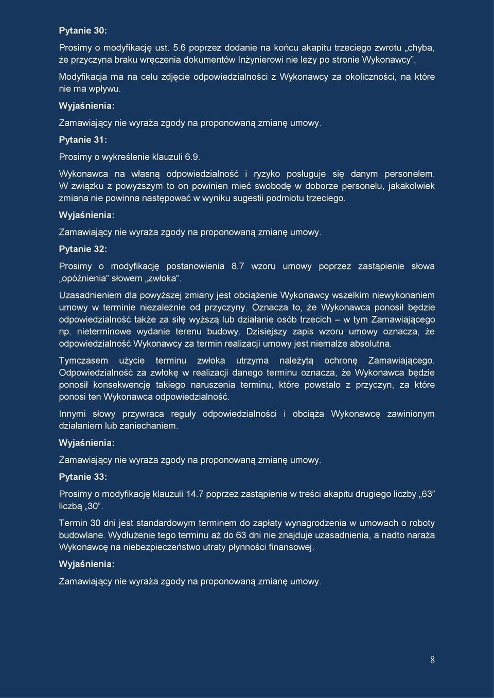 Wykonawca na własną odpowiedzialność i ryzyko posługuje się danym personelem.