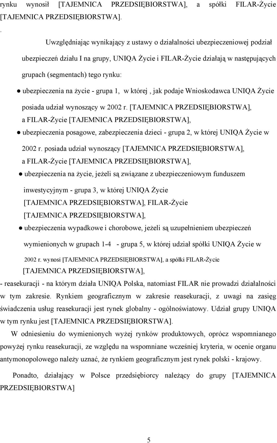 ubezpieczenia na życie - grupa 1, w której, jak podaje Wnioskodawca UNIQA Życie posiada udział wynoszący w 2002 r.