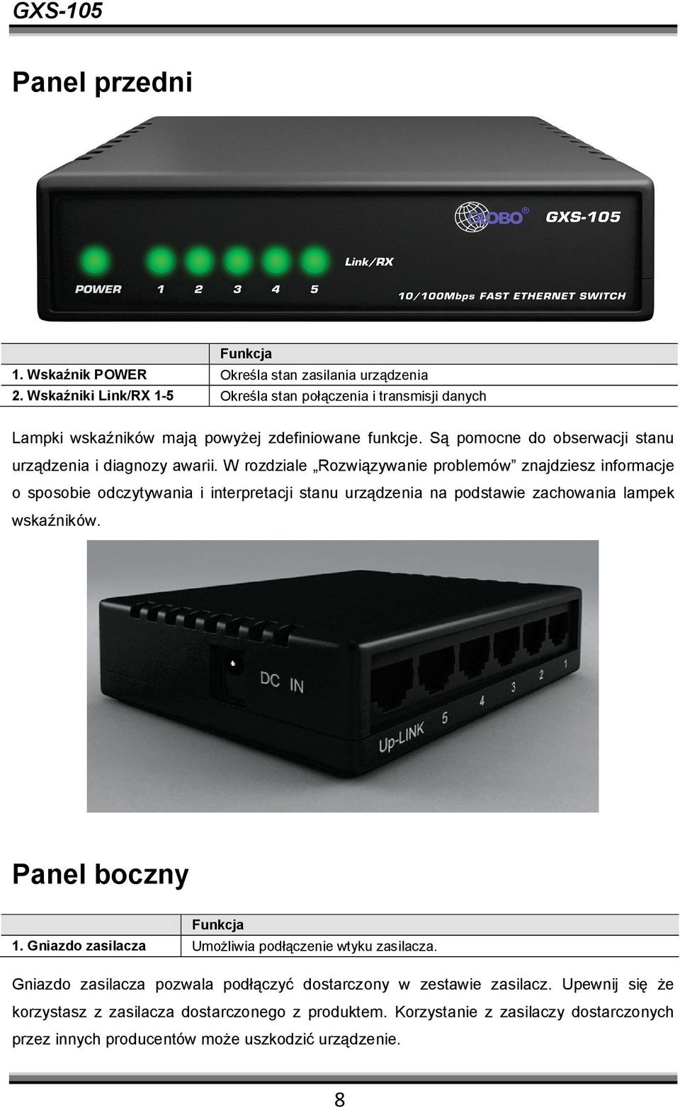 W rozdziale Rozwiązywanie problemów znajdziesz informacje o sposobie odczytywania i interpretacji stanu urządzenia na podstawie zachowania lampek wskaźników. Panel boczny Funkcja 1.