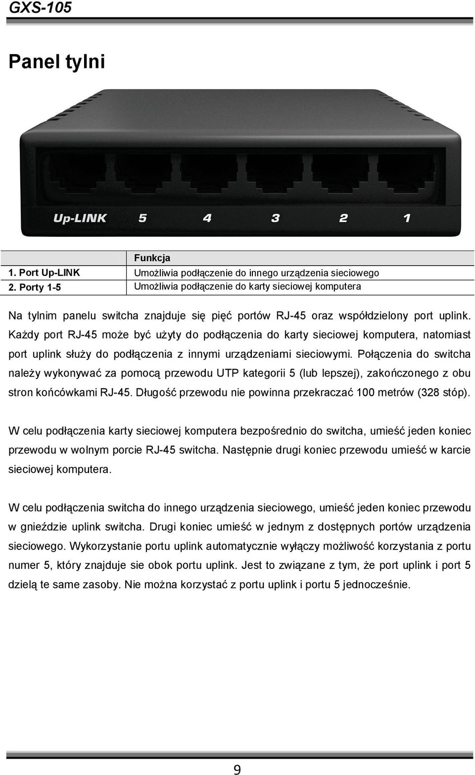 Każdy port RJ-45 może być użyty do podłączenia do karty sieciowej komputera, natomiast port uplink służy do podłączenia z innymi urządzeniami sieciowymi.