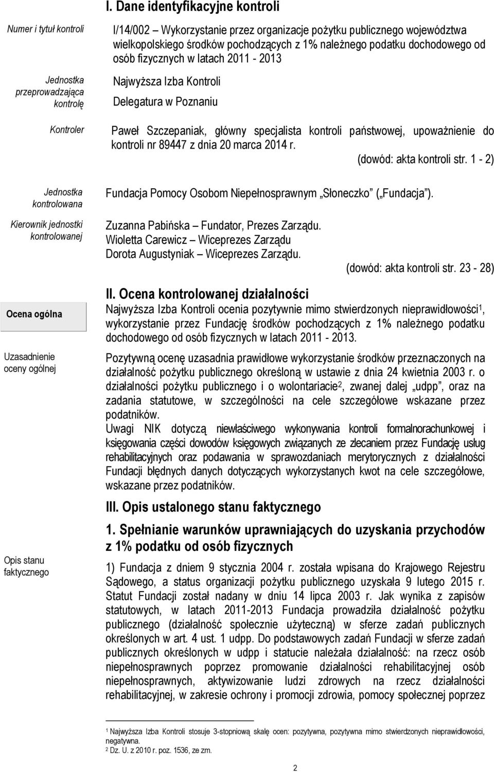 upoważnienie do kontroli nr 89447 z dnia 20 marca 2014 r. (dowód: akta kontroli str. 1-2) Jednostka kontrolowana Fundacja Pomocy Osobom Niepełnosprawnym Słoneczko ( Fundacja ).