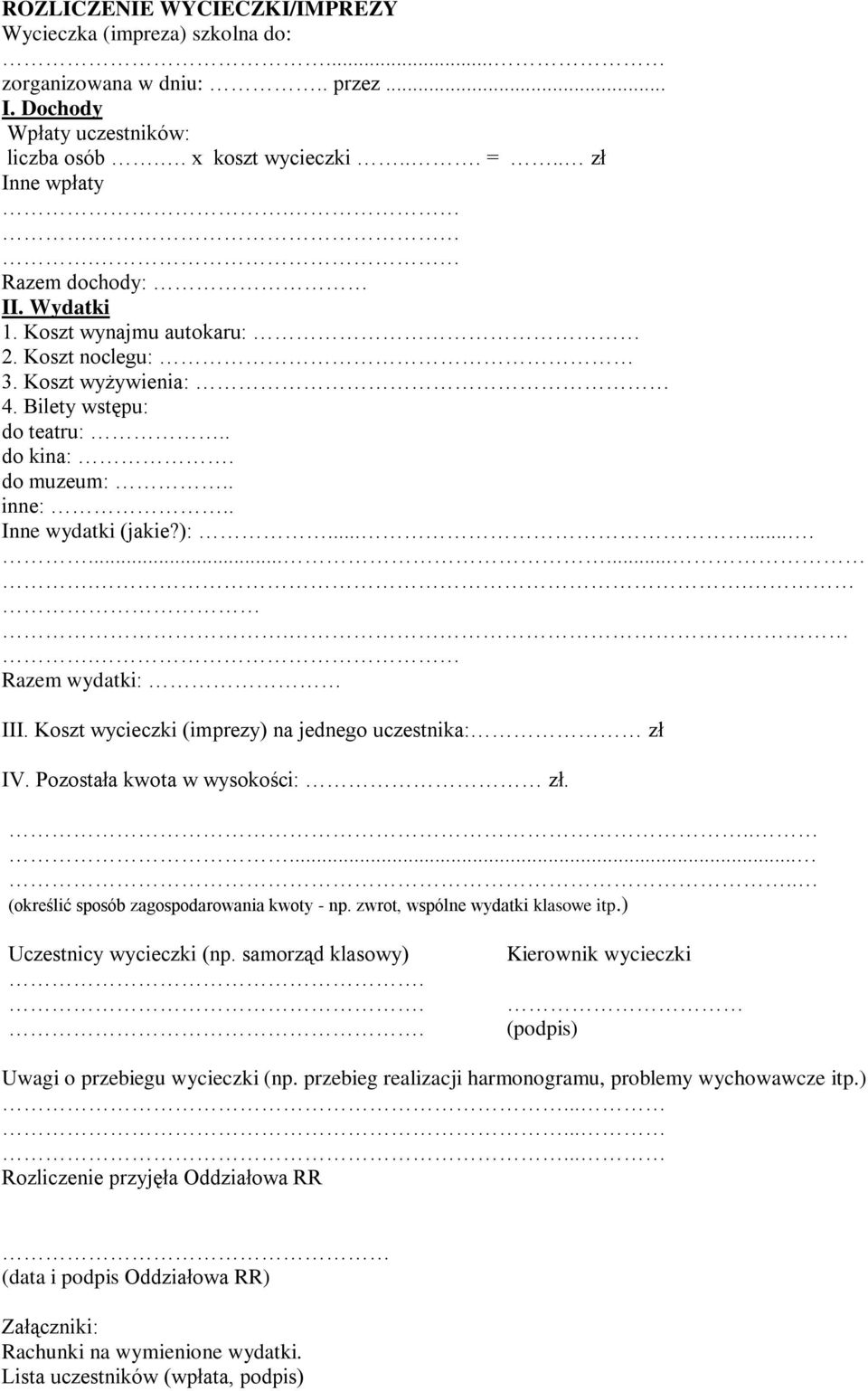 ................ Razem wydatki: III. Koszt wycieczki (imprezy) na jednego uczestnika: zł IV. Pozostała kwota w wysokości: zł.... (określić sposób zagospodarowania kwoty - np.