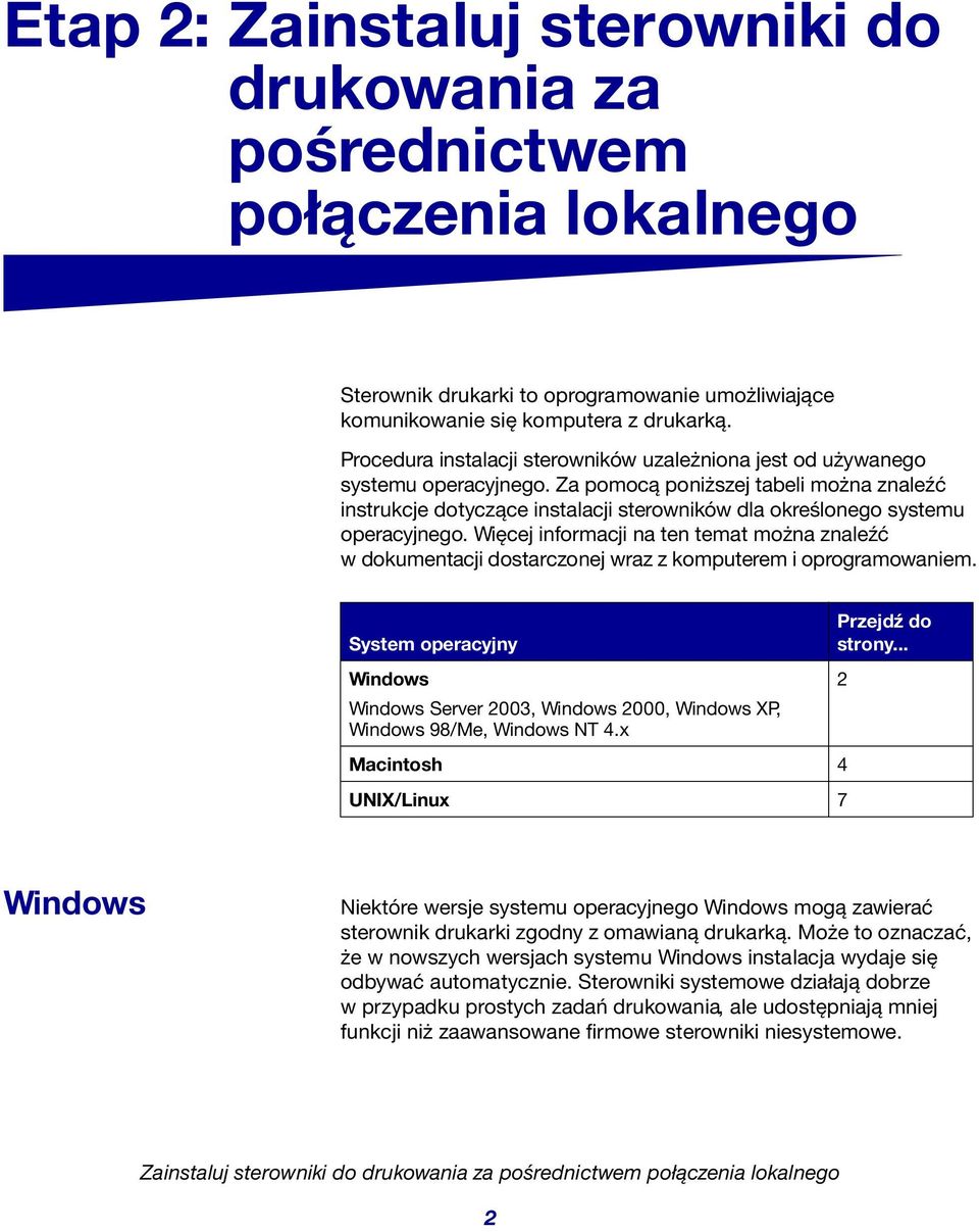 Za pomocą poniższej tabeli można znaleźć instrukcje dotyczące instalacji sterowników dla określonego systemu operacyjnego.