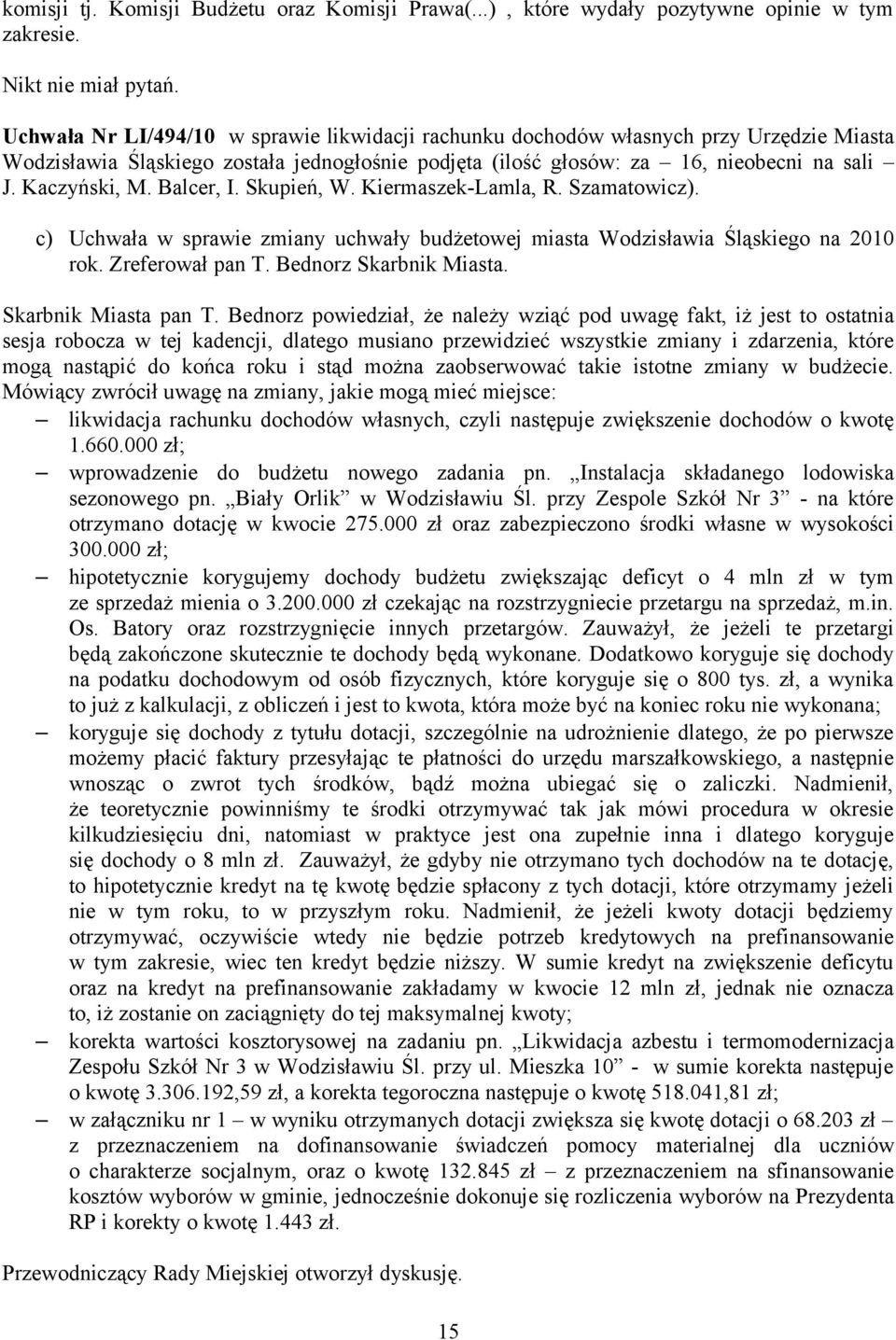 Balcer, I. Skupień, W. Kiermaszek-Lamla, R. Szamatowicz). c) Uchwała w sprawie zmiany uchwały budżetowej miasta Wodzisławia Śląskiego na 2010 rok. Zreferował pan T. Bednorz Skarbnik Miasta.