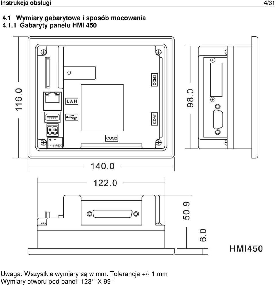 Gabaryty panelu HMI 450 Uwaga: Wszystkie