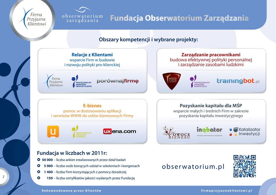 małych i średnich Firm w zakresie pozyskania kapitału inwestycyjnego PROFESJONALNY MENEDŻER E-BIZNESU 2 Fundacja w liczbach w 2011r: 50 000 liczba ankiet zrealizowanych przez dział badań 5 000