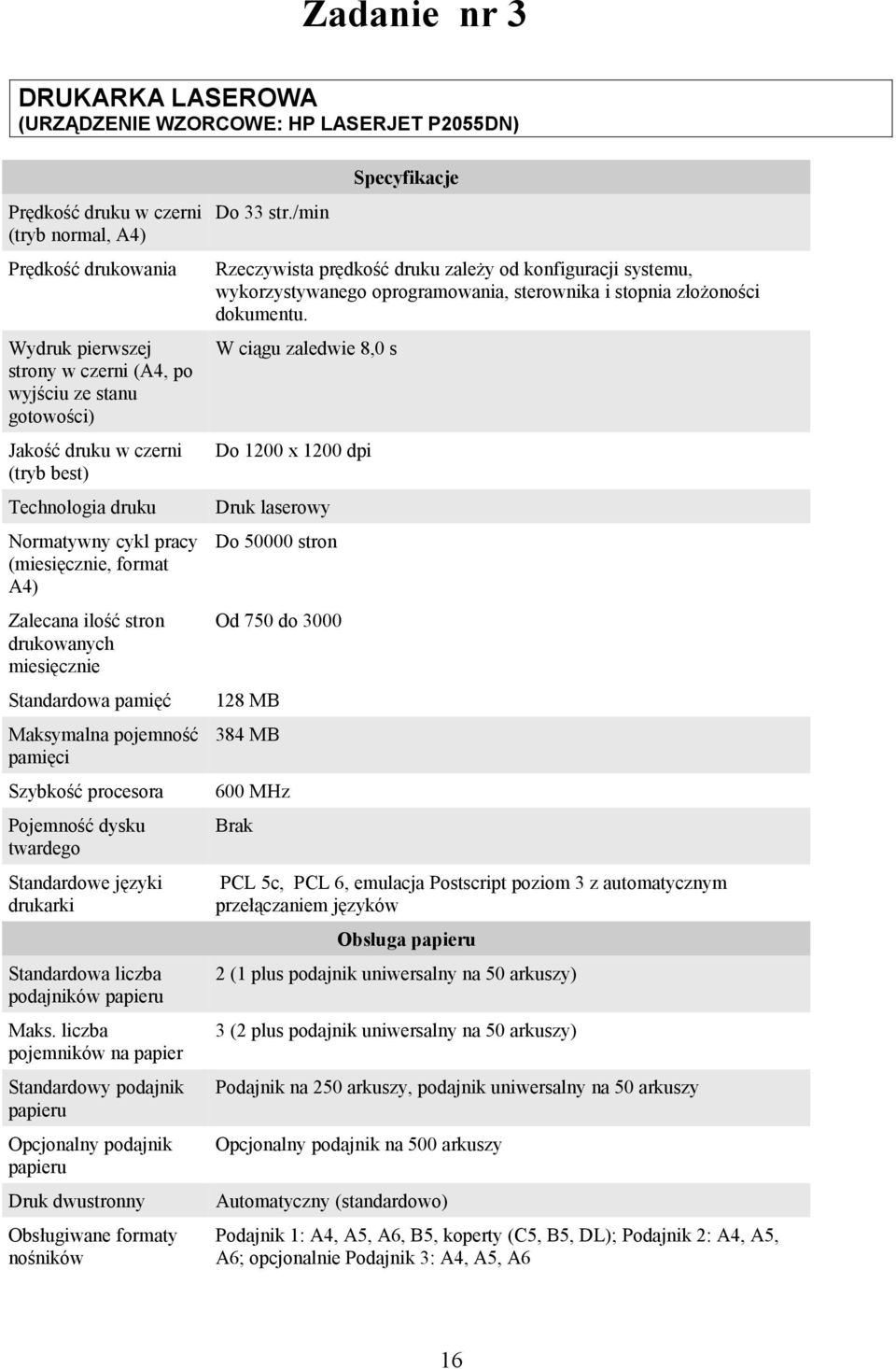 pamięci Szybkość procesora Pojemność dysku twardego Standardowe języki drukarki Standardowa liczba podajników papieru Maks.