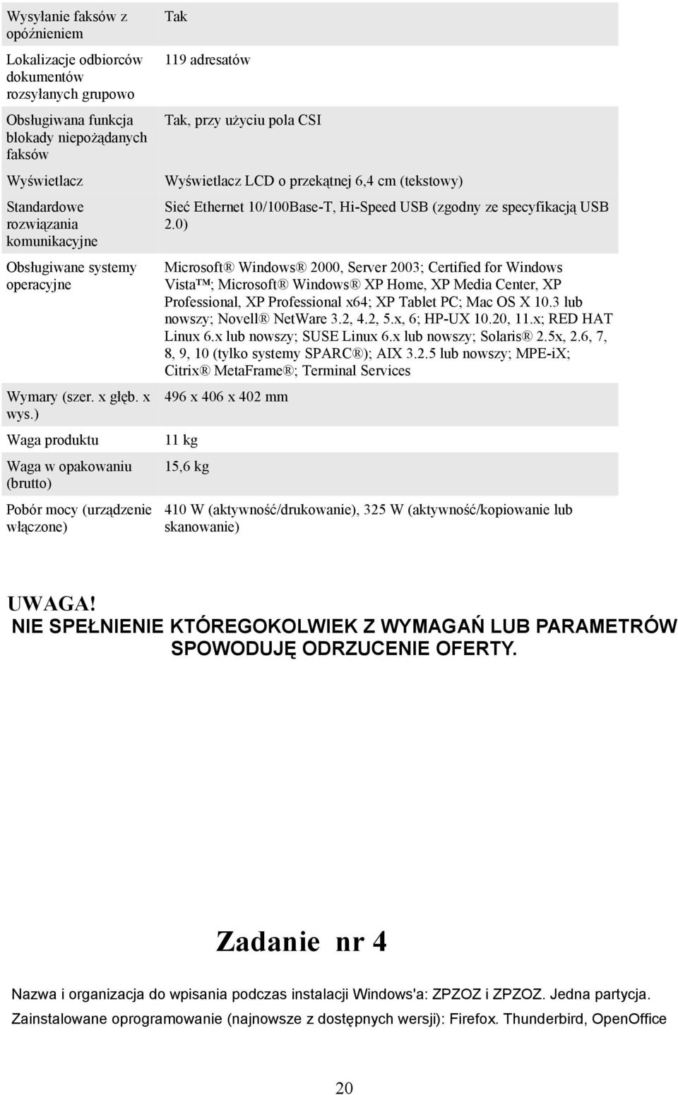 ) Waga produktu Waga w opakowaniu (brutto) Pobór mocy (urządzenie włączone) Tak 119 adresatów Tak, przy użyciu pola CSI Wyświetlacz LCD o przekątnej 6,4 cm (tekstowy) Sieć Ethernet 10/100Base-T,