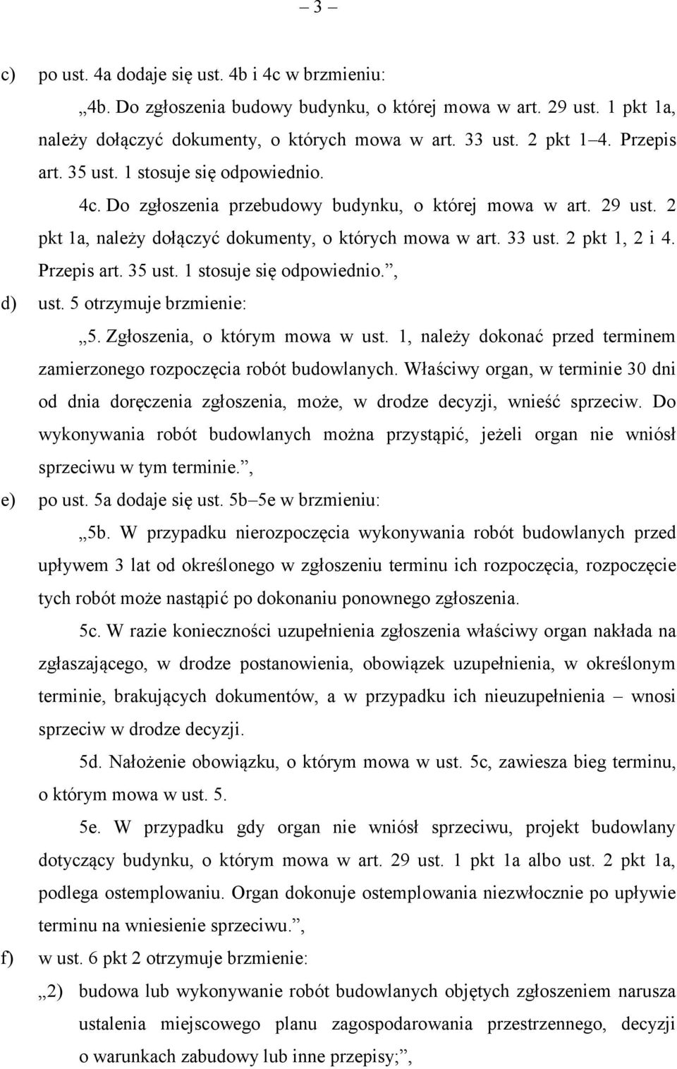 Przepis art. 35 ust. 1 stosuje się odpowiednio., d) ust. 5 otrzymuje brzmienie: 5. Zgłoszenia, o którym mowa w ust. 1, należy dokonać przed terminem zamierzonego rozpoczęcia robót budowlanych.