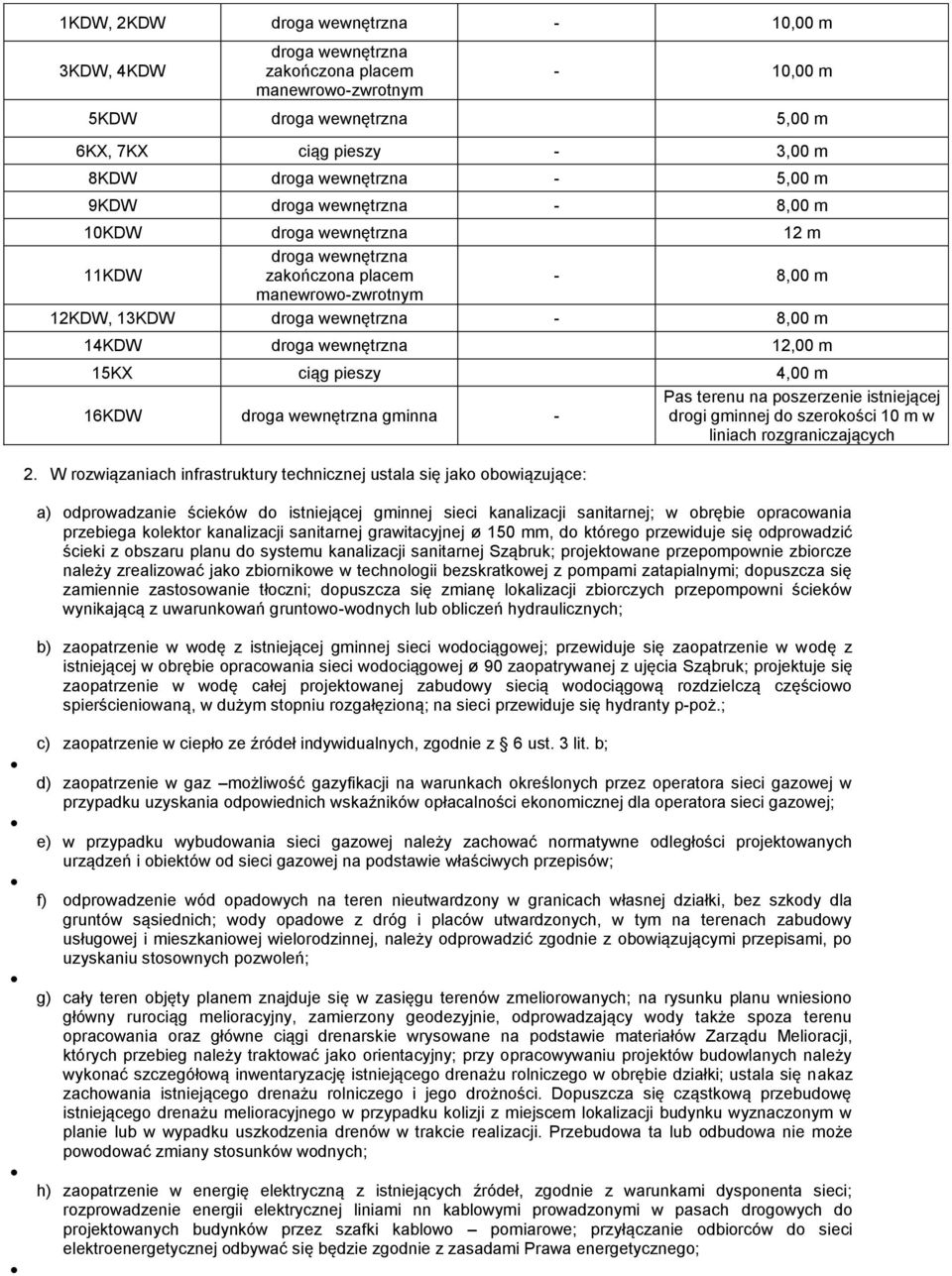 12,00 m 15KX ciąg pieszy 4,00 m 16KDW droga wewnętrzna gminna - Pas terenu na poszerzenie istniejącej drogi gminnej do szerokości 10 m w liniach rozgraniczających 2.