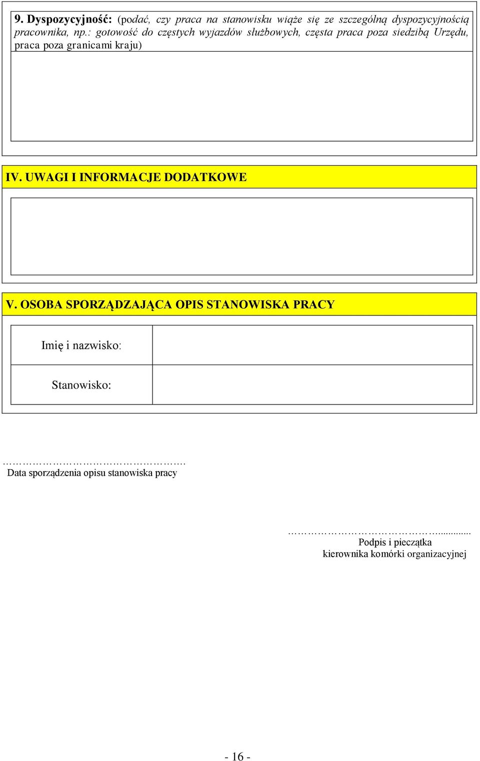 IV. UWAGI I INFORMACJE DODATKOWE V. OSOBA SPORZĄDZAJĄCA OPIS STANOWISKA PRACY Imię i nazwisko: Stanowisko:.