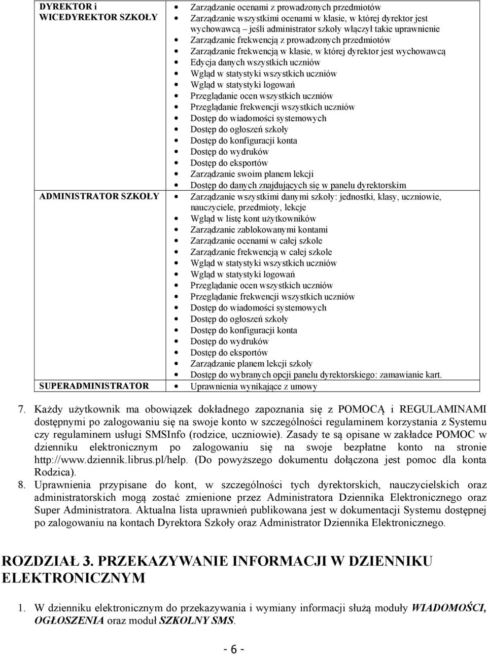 Wgląd w statystyki logowań Przeglądanie ocen wszystkich uczniów Przeglądanie frekwencji wszystkich uczniów Dostęp do wiadomości systemowych Dostęp do ogłoszeń szkoły Dostęp do konfiguracji konta