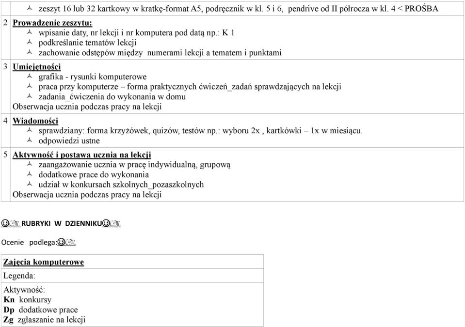 sprawdzających na lekcji zadania_ćwiczenia do wykonania w domu Obserwacja ucznia podczas pracy na lekcji 4 Wiadomości sprawdziany: forma krzyżówek, quizów, testów np.