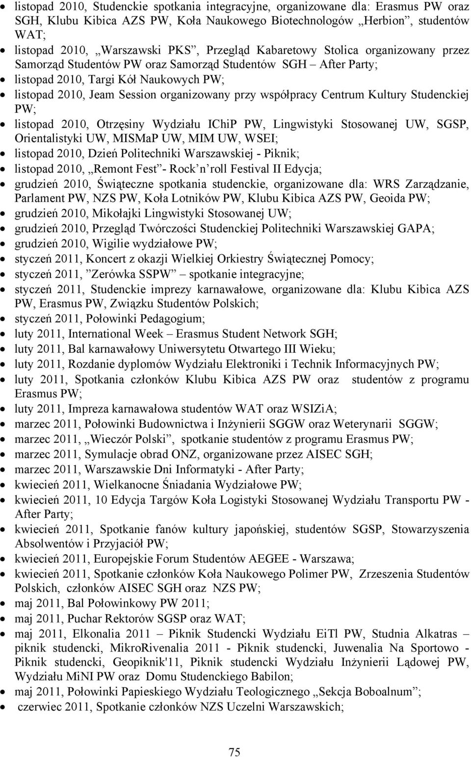 współpracy Centrum Kultury Studenckiej PW; listopad 2010, Otrzęsiny Wydziału IChiP PW, Lingwistyki Stosowanej UW, SGSP, Orientalistyki UW, MISMaP UW, MIM UW, WSEI; listopad 2010, Dzień Politechniki